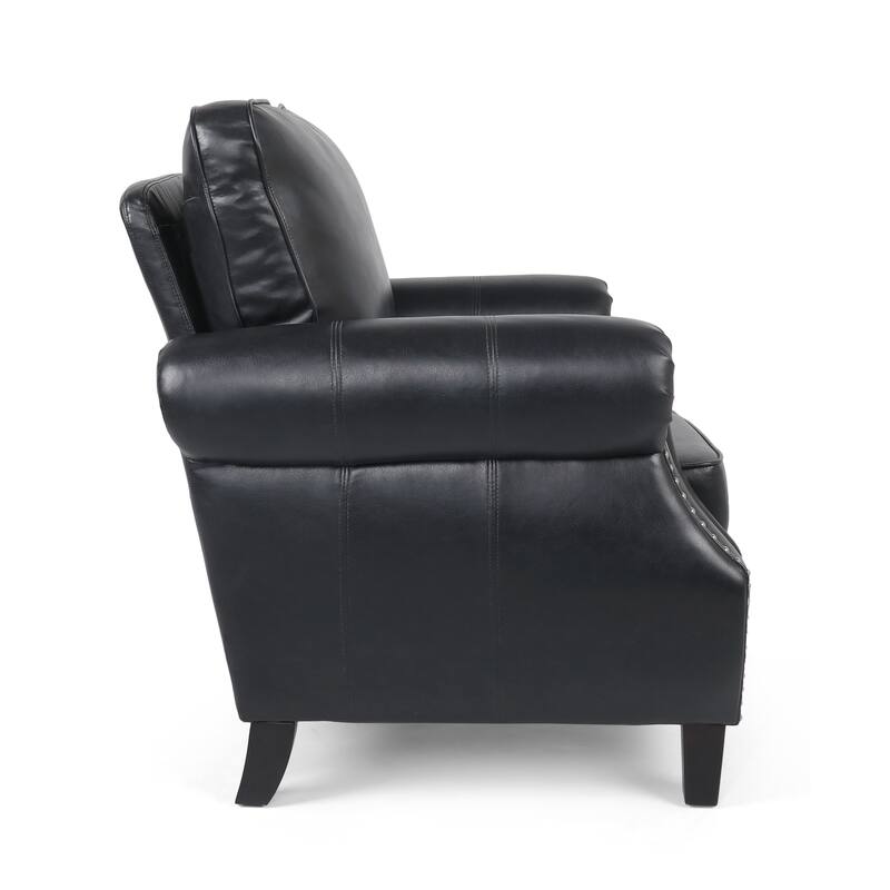 Roomfitters Faux Leather Club Chair with Rolled Arms, Nailhead Trim and Cushioned Seat, Classic Accent Armchair, Black