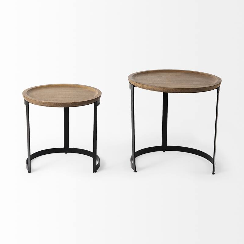 Aisley Light Brown Solid Wood w/ Black Iron Base Round Nesting Side Tables - 19.3L x 19.3W x 19.0H