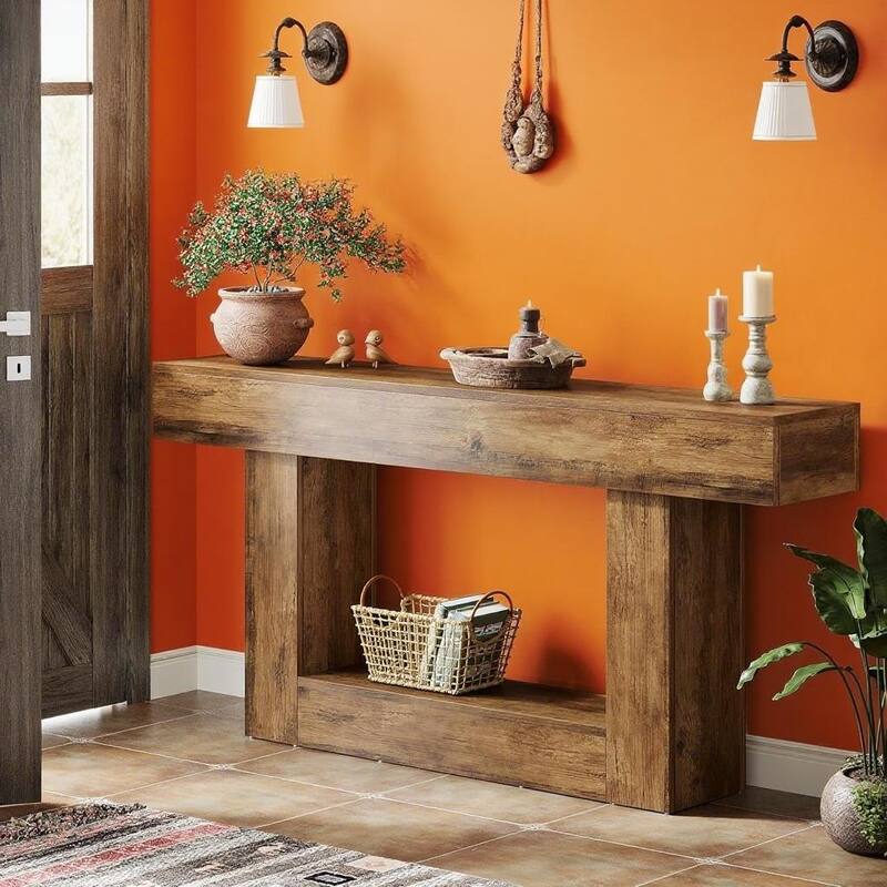 MDF Farmhouse Console Table with U-Shaped Base and Shelf - 63” L x 11.81 W x 32.28 H