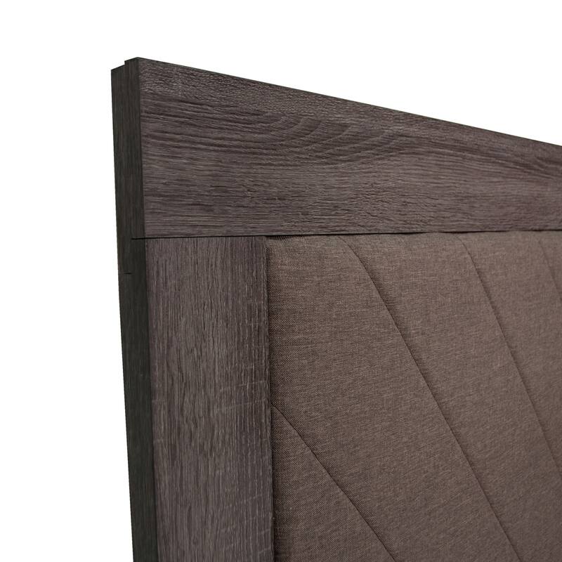 Queen Size Fabric Panel Bed with Rustic Accents and 2-Tone Fabric Upholstery