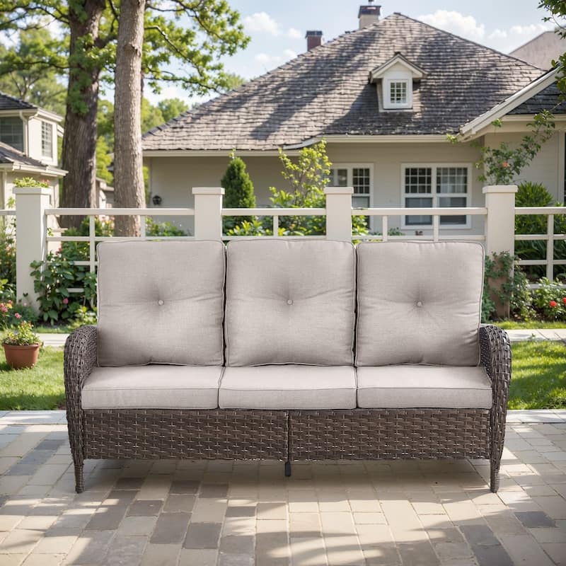 Pocassy Patio Outdoor Sofa Swivel Chairs with Ottman Table Set - Brown Wicker Beige Cushion - Only 3-Seat Sofa