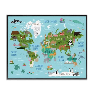 Stupell Kid's Animal World Map Favorite Regional Wildlife Framed Wall Art