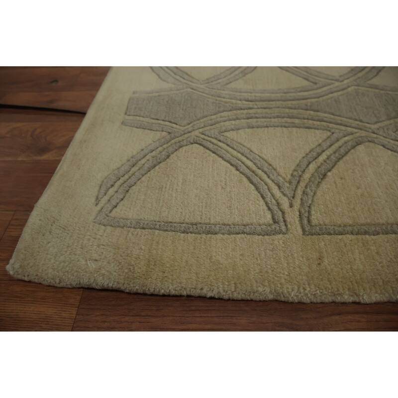 Hand Knotted Oriental 100% Wool Carpet Modern Geometric Beige & Ivories Nepalese Area Rug - 9' 8'' X 8' 2''