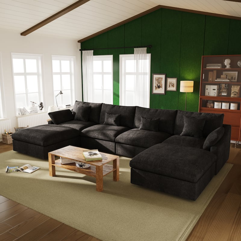 Oversized Linen Sectional Sofa Down Filled U-Shaped Couch for Living Room Set