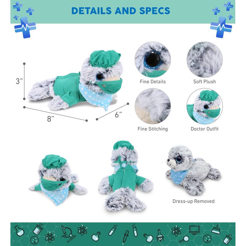 DolliBu Sea Lion Doctor Plush Toy with Cute Scrub Uniform & Cap Outfit - 8 inches