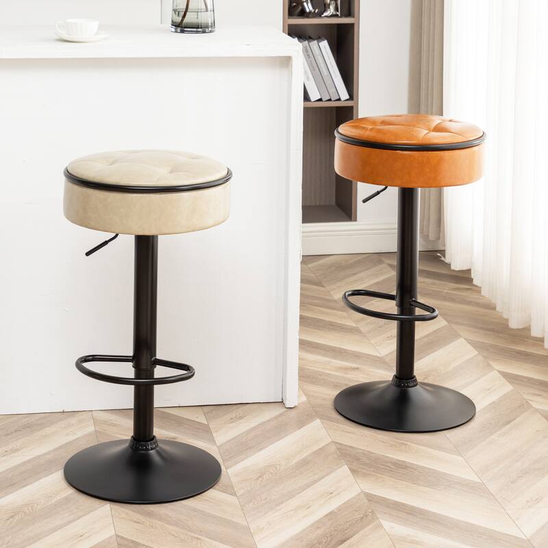 2 Storage Bar Stool,Faux Leather Height Adjustable Barstool,360°Counter Height Swivel Stool,Armless Bar Chair with Metal Frame