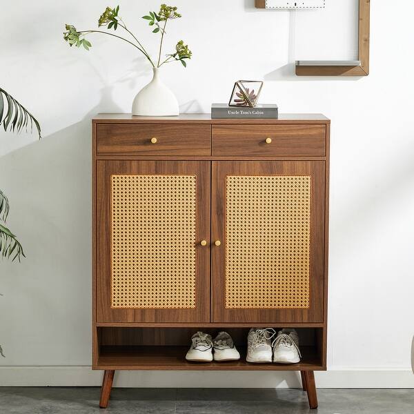 slide 2 of 8, Multi-functional Modern Minimalist Walnut-Colored MDF Shoe Cabinet - Perfectly Blends into Nordic, and Industrial Style Homes Walnut