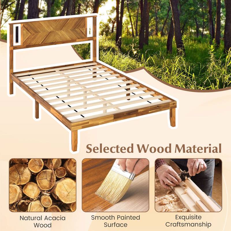 Rustic Golden Brown Twin Size Wooden Platform Bed Frame with Headboard and Under Bed Storage Acacia Wood Construction