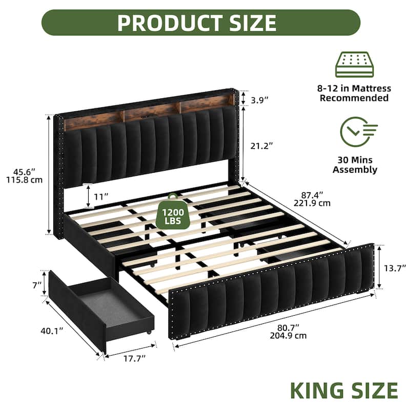 Velvet Upholstered Platform Bed with 4 Storage Drawers and RGB LED Lights&Charging Station - Black - King
