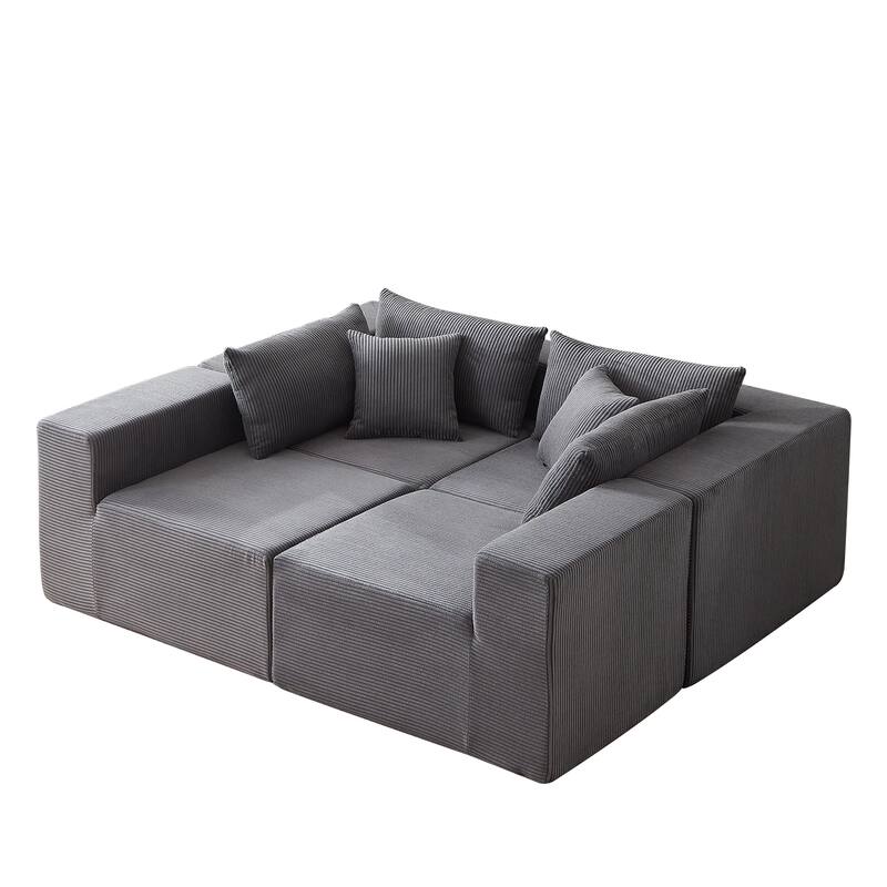 Corduroy Convertible Sectional Cloud Sofa, Foam-Filled Compressed Boneless Sofa, Modular L Shaped Floor 4 Seat Sofa