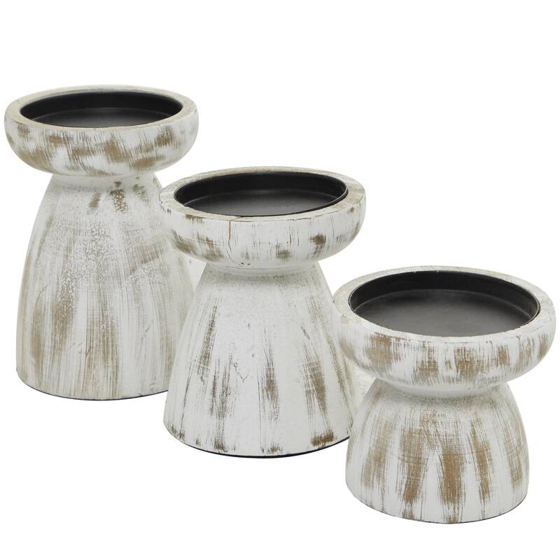 Black Wood Short Wide Distressed Decorative Candle Holder (Set of 3)