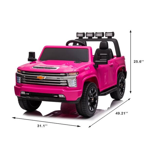 dimension image slide 0 of 3, Licensed Chevrolet Silverado HD 24V Ride-On Truck with Remote Control, 4WD, 2 Seats, FM/Bluetooth, and LED Lights