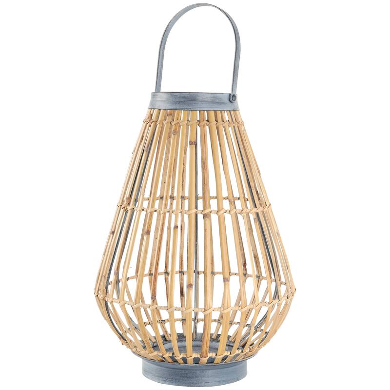 Brown Bamboo Wood Handmade Open Framed Indoor Outdoor Candle Lantern with Blue Metal Accents and Handle