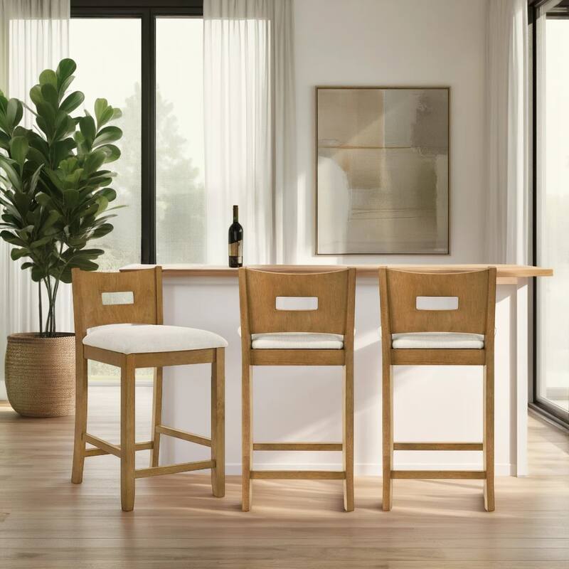 Ren Rubberword Bar Stool, Ivory Upholstered Counter Height Stool - Set of 3 - Ivory/Amber Glow - Bar Height