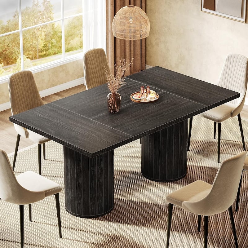 63-Inch Black MDF Dining Table for 6, Modern Rectangular Kitchen Table with Sturdy Double Pedestal
