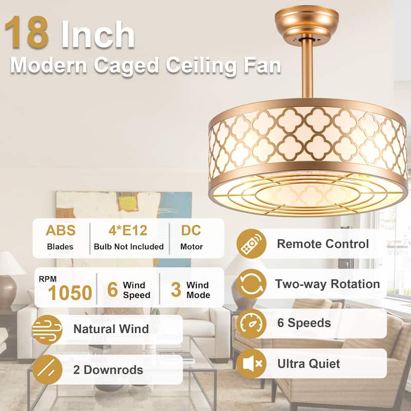 Cusp Barn 18" Fandelier Caged Ceiling Fan with Lights and Remote, Modern Gold 6 Speeds Reversible DC Motor Indoor Ceiling Fan