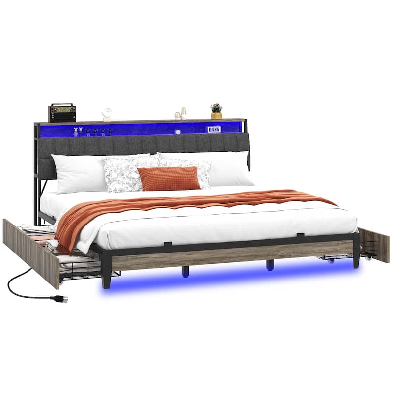 Upholstered Platform Bed with Charging Station and Storage Headboard