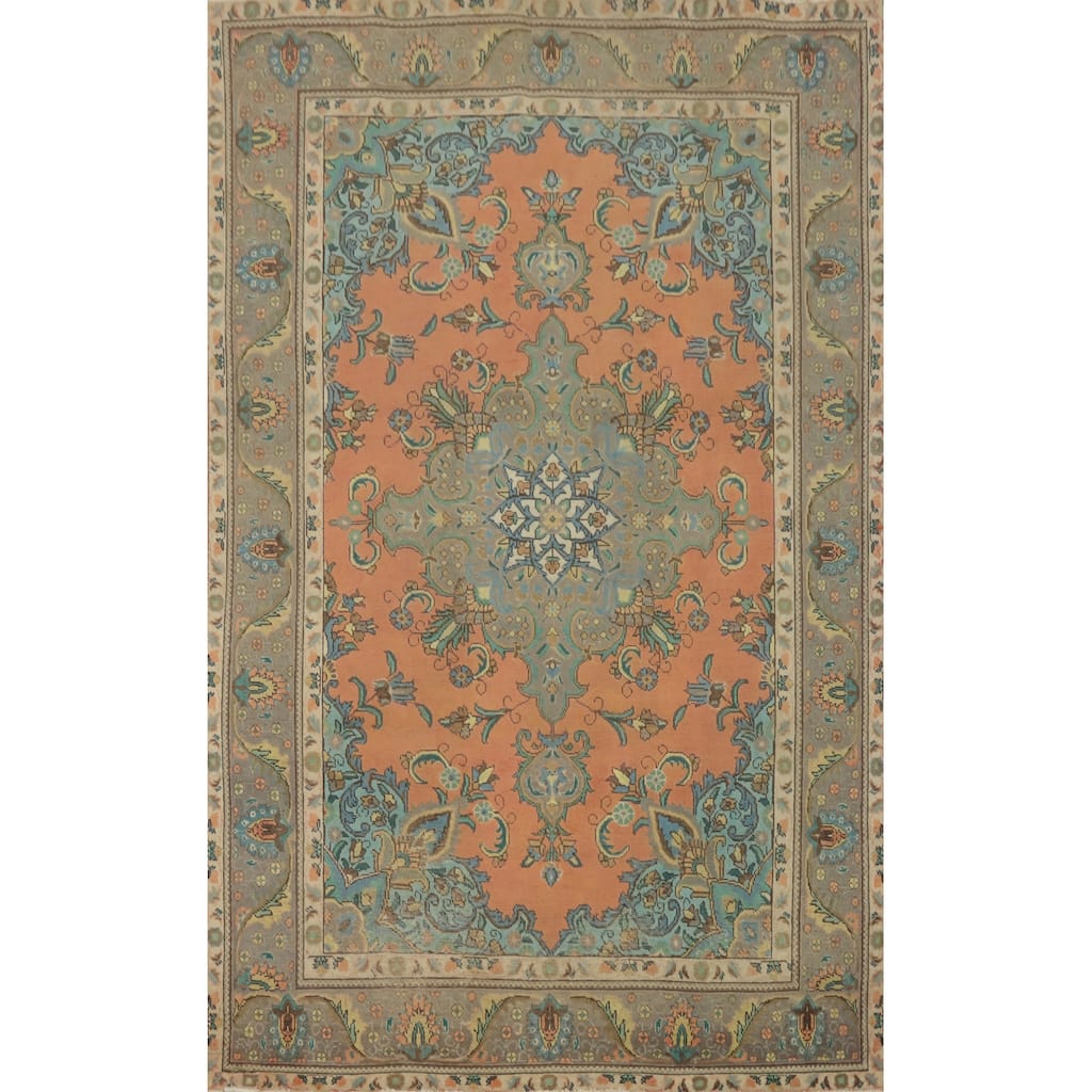 Hand Knotted Oriental 100% Wool Carpet Traditional Medallion Coral Tabriz Area Rug - 9' 10'' X 6' 6''