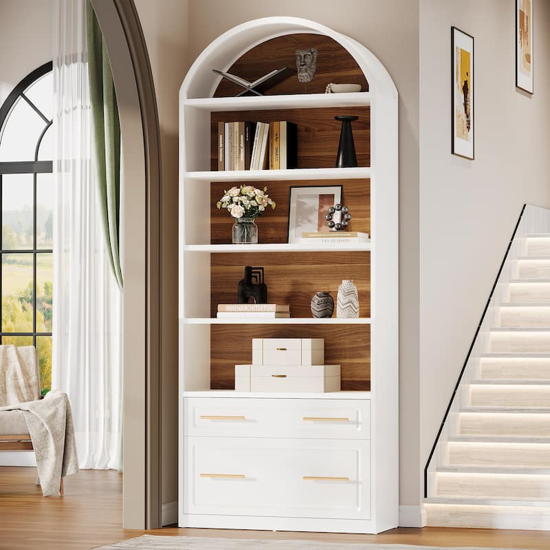 5-Tier White Arched Bookshelf with File Cabinet Drawer, 76.8" Tall Freestanding Wooden Bookcase