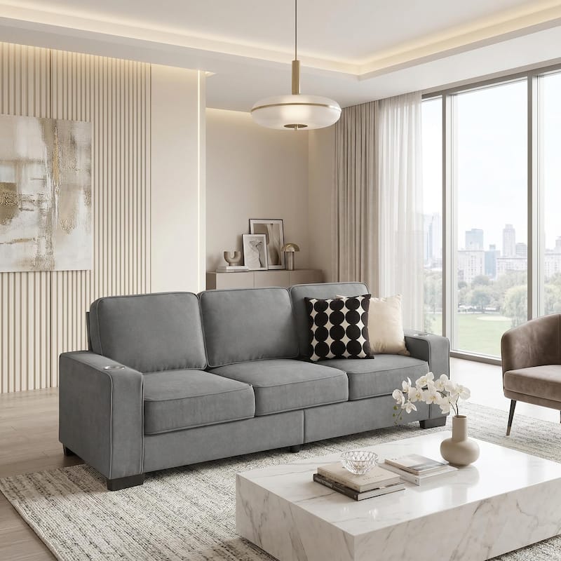 83.8'' Corduroy 3-Seat Sofa with Cup Holders, Modern Upholstered Couch, Compressed Living Room Sofa for Apartment Home Office - Sn-Grey