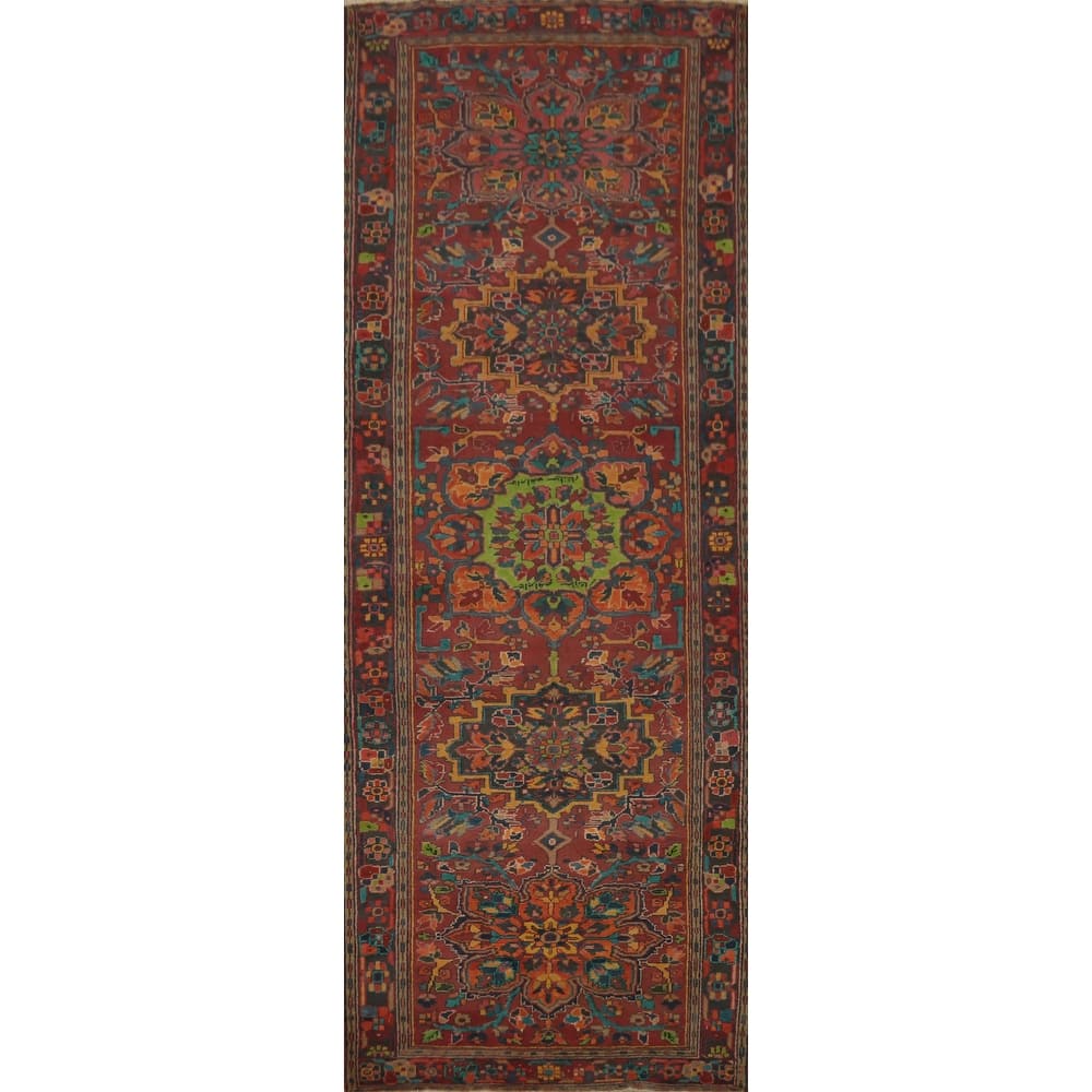 Hand Knotted Oriental 100% Wool Carpet Traditional Floral Red Heriz Runner Rug - 11' 1'' X 3' 10''
