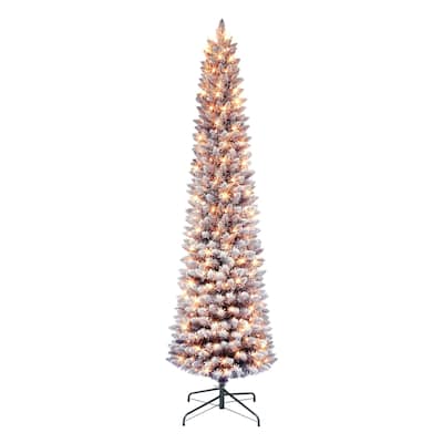 Puleo International 6.5 ft. Pre-lit Flocked Fashion Purple Pencil Artificial Christmas Tree
