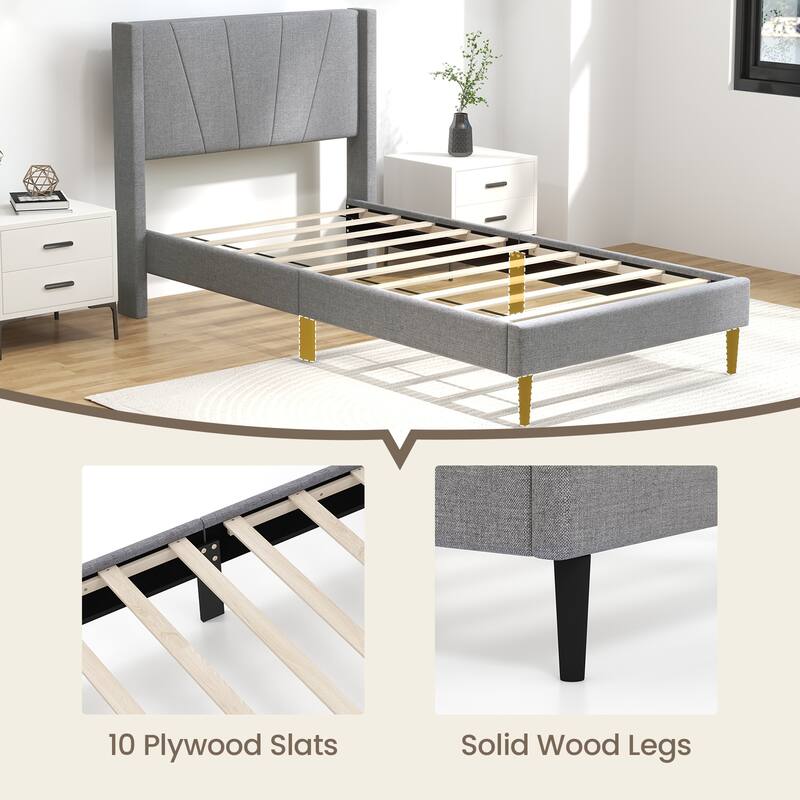 Bed Frame with Linen Upholstered Wingback Headboard