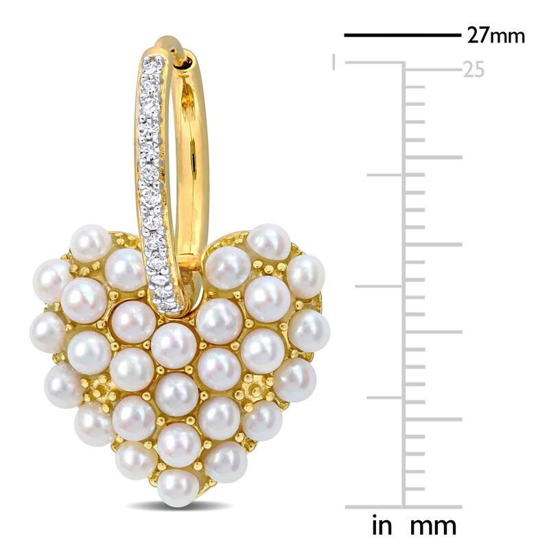 Miadora 2-2.5mm Cultured Freshwater Pearl and 1/8ct TDW Diamond Hoop Heart Earrings in 14k Yellow Gold