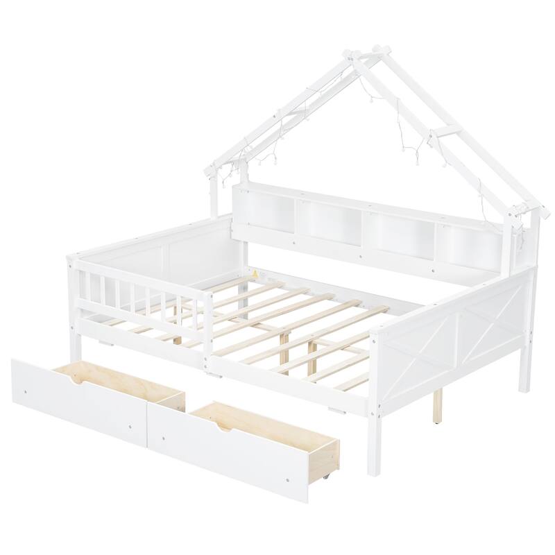 Roomfitters Wood Full Size House Platform Bed with Storage Shelves and Drawers, Cozy Frame with Guardrail