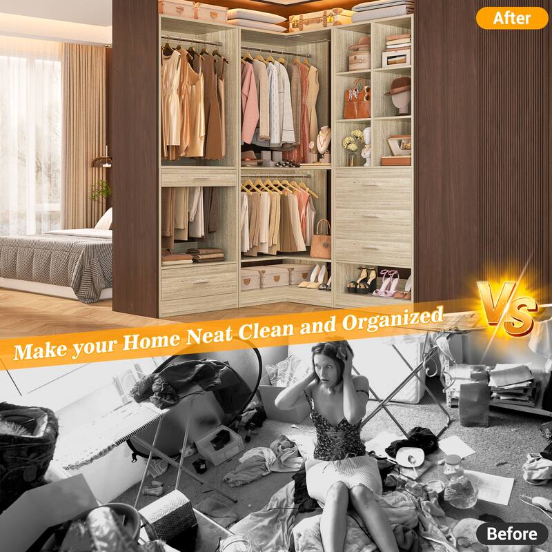 Qvella Corner Closet System with 4 Wooden Drawers & Hanging Rods & Pants Rack, Walk-in Closet Organizer System with Shoe Storage