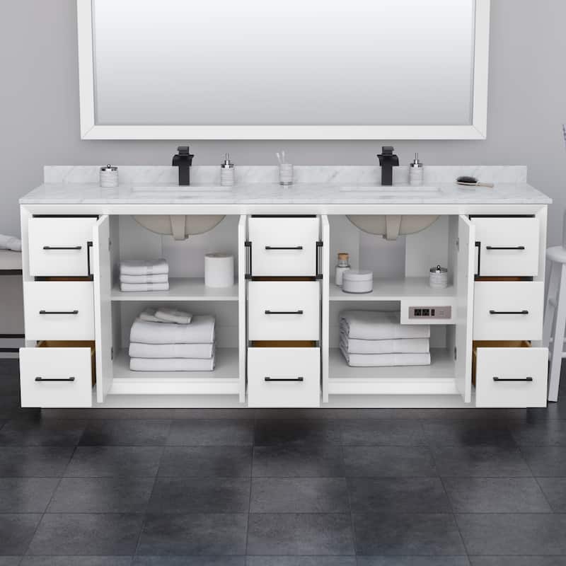 Strada 84-Inch Double Vanity Set, Carrara Marble Top, 70-Inch Mirror