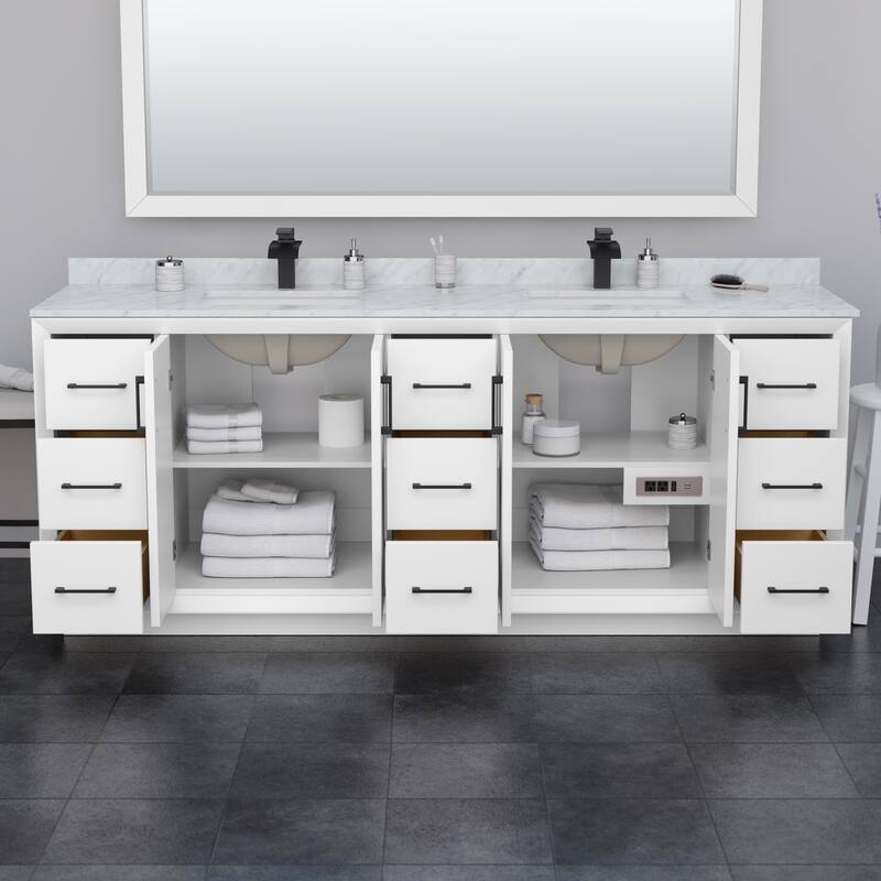 Strada 84-Inch Double Vanity Set, Cultured Marble Top, 70-Inch Mirror