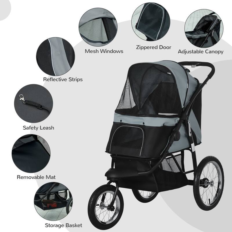 PawHut Pet Stroller for Small and Medium Dogs, 3 Big Wheels Foldable Cat Stroller with Adjustable Canopy