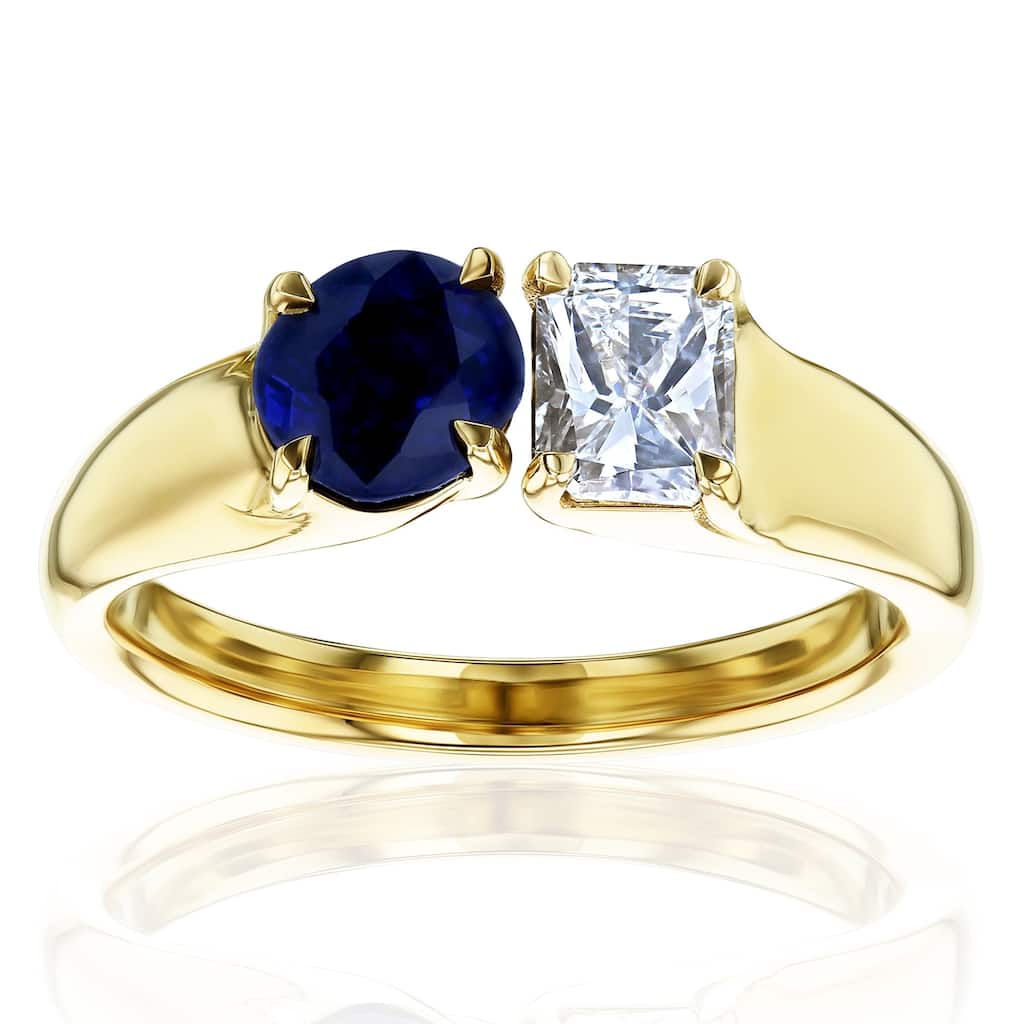 Kobelli 1.54 Carats Natural White Diamond & Blue Sapphire 14k Solid Yellow Gold 2-Stone Deux Ring