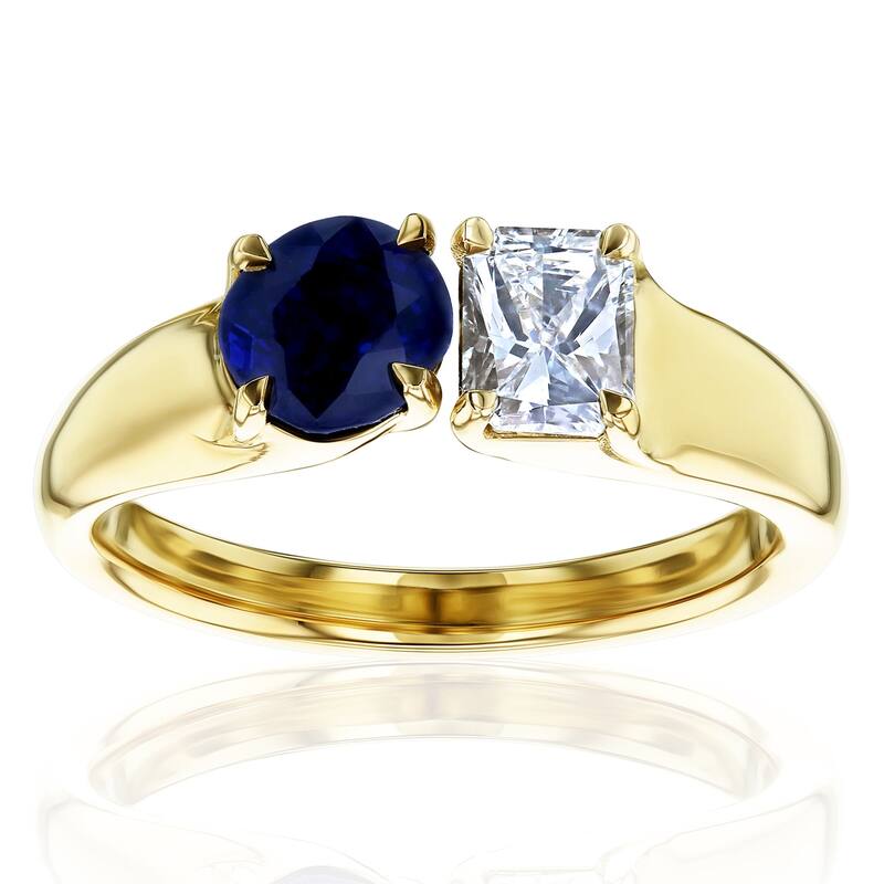 Kobelli 1.54 Carats Natural White Diamond & Blue Sapphire 14k Solid Yellow Gold 2-Stone Deux Ring