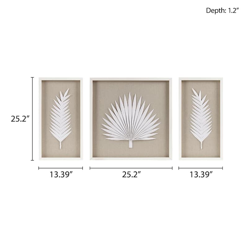 Roomfitters 3-Piece Framed Rice Paper Palm Leaf Shadowbox Wall Decor Set, White Coastal Botanical Art for Living Room