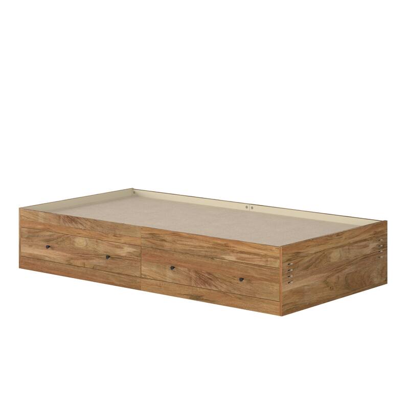 Twin Bed with Storage Drawers in Brown Finish - Space-Saving Platform Design - Brown