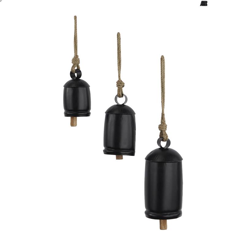 Metal Tibetan Inspired Decorative Cow Bells with Jute Hanging Rope - Set of 3 - Roche River Decor - Matte Black