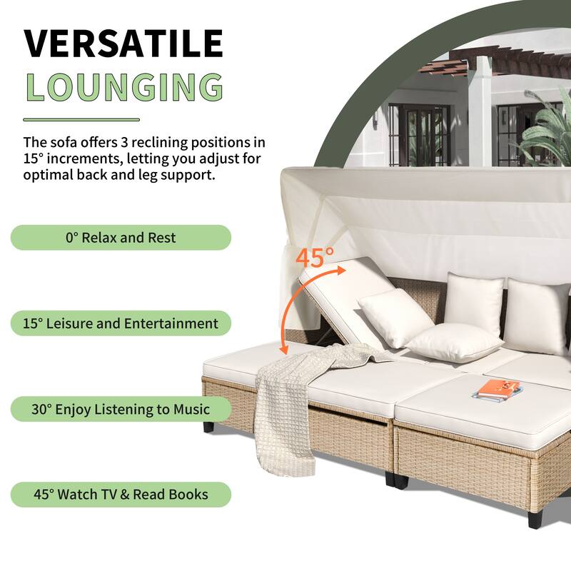 4-Piece Outdoor Wicker Patio Sofa Set with Retractable Canopy,Adjustable Table & Ottomans,UV-Resistant Cushions for Lounge