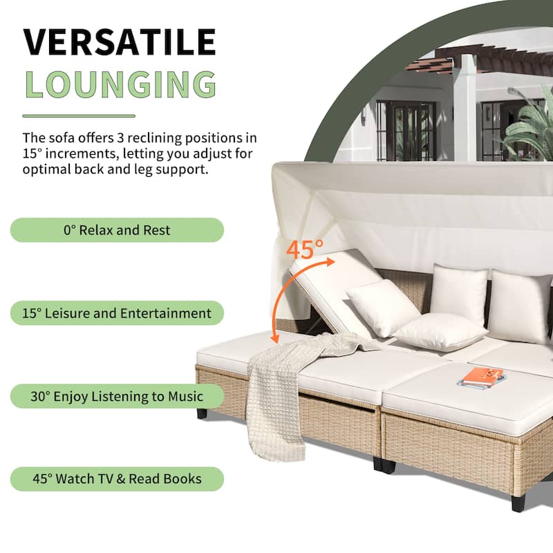 4 Piece UV-Proof Resin Wicker Patio Sofa Set with Retractable Canopy, Cushions & Lifting Table, Beige