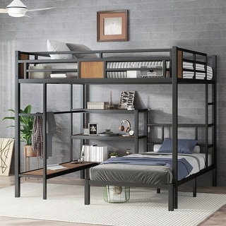 Queen Over Twin Metal Bunk Bed with Shelves and Hangers, Storage on Top Bunk, Space-Saving Design