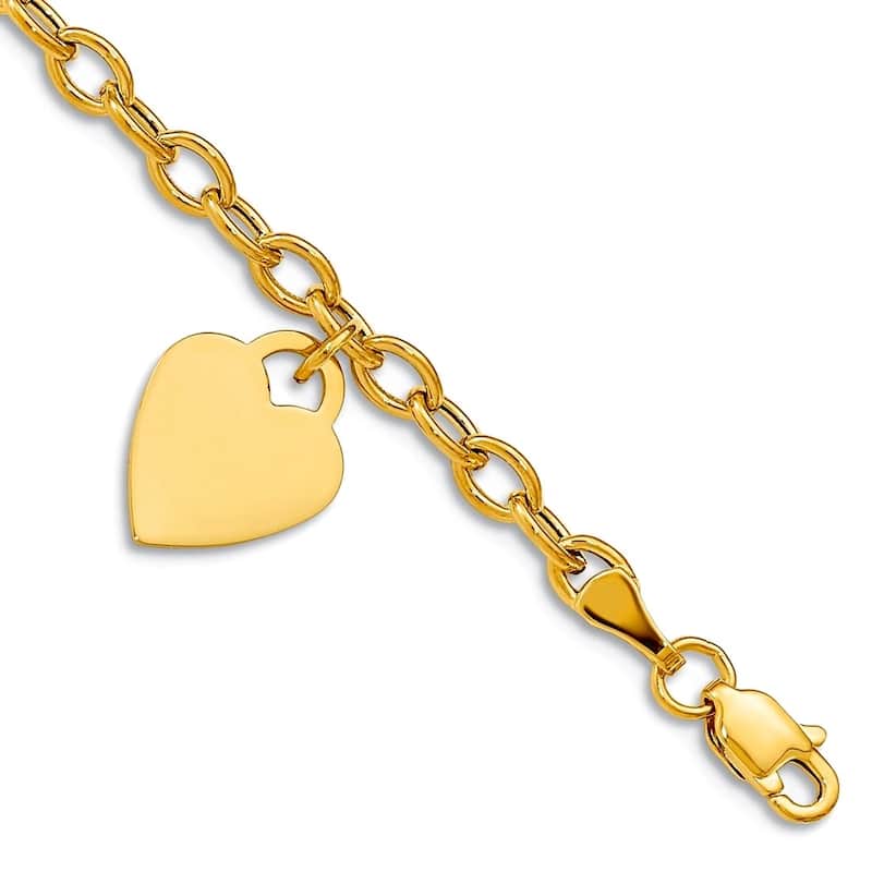 Curata Solid 10k or 14k Yellow or White Gold Heart Tag Rolo Charm Bracelet - 7.5" or 8.5"