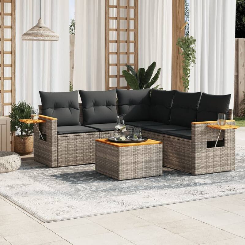 vidaXL Patio Sofa Set with Cushions Outdoor Conversation Furniture Poly Rattan - 24.4 x 33.5 x 27.2 in - Grey with table