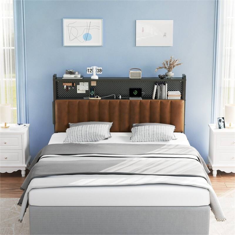 Adjustable Upholstered Headboard with 2 Tier Shelves with Charging Stations and LED Lights, Modern Bed Headboard with Storage
