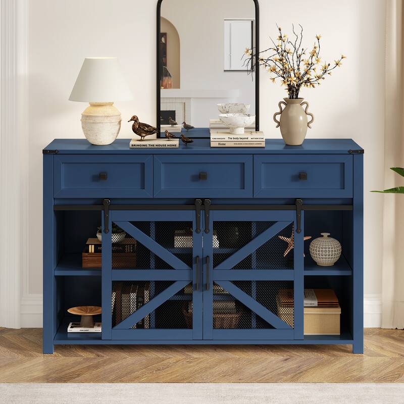 Roomfitters 55" Sideboard Buffet Cabinet with 3 Drawers and Sliding Barn Doors, Farmhouse Storage for Kitchen & Dining - Navy Blue