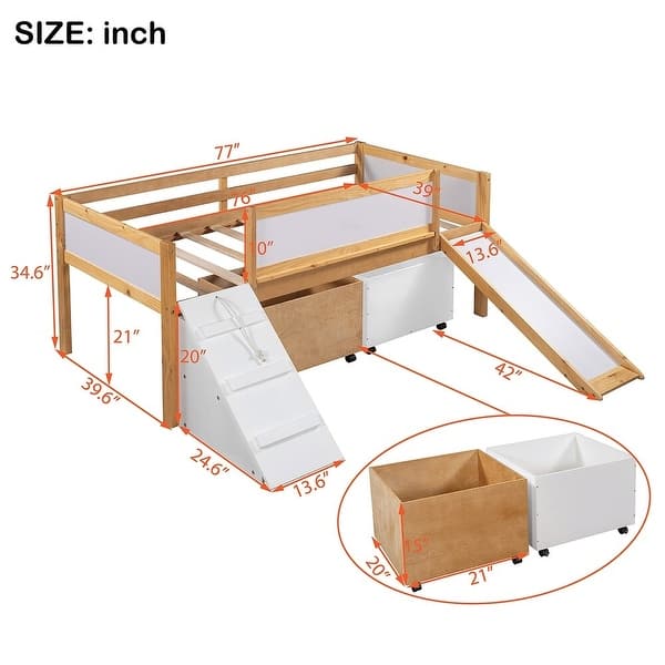 Twin size Loft Bed Wooden Bed with Two Storage Boxes Bed Bath