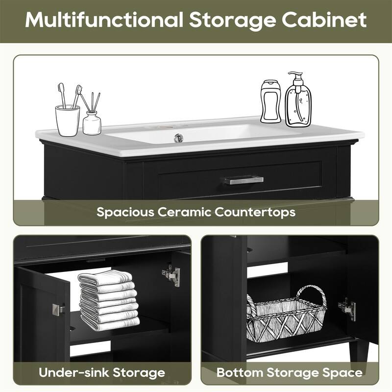 30'' Bathroom Vanity with Ceramic Sink Top, Freestanding Bathroom Vanity Cabinet with 2 Soft Close Doors and Adjustable Shelves