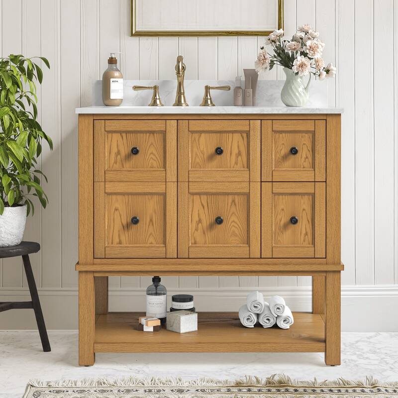 48" Bathroom Vanity with Sink, Marble Countertop Single Bathroom Vanity with 6 Drawers, White - 36" x 22"x 35" - Brown