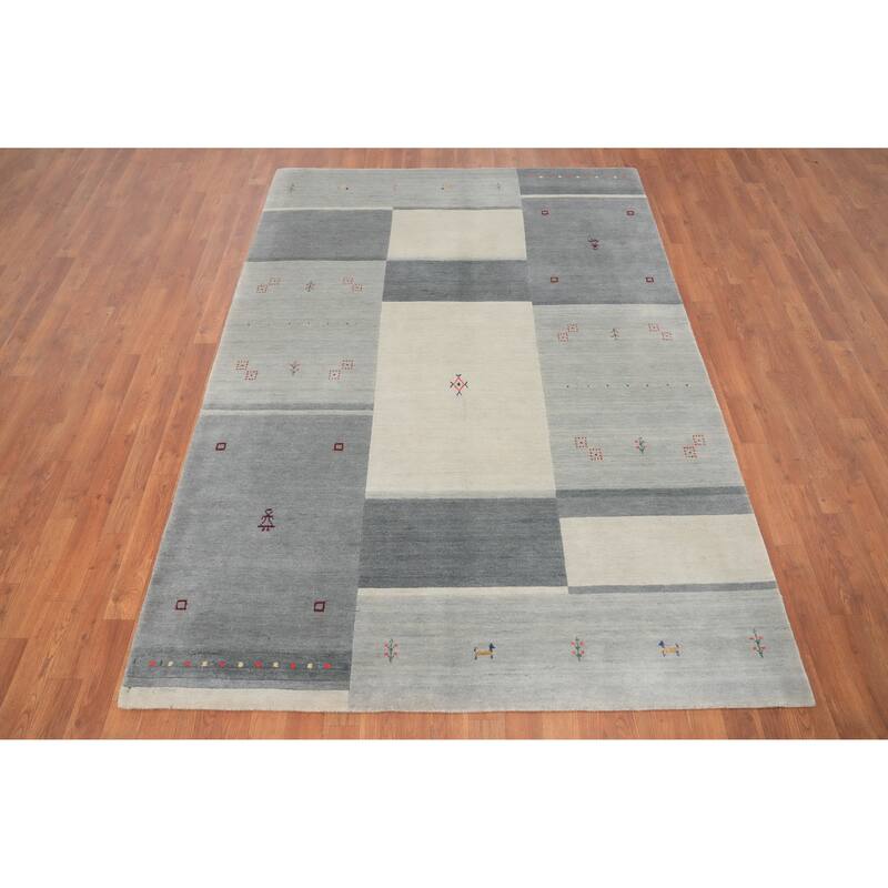 Hand Knotted Oriental 100% Wool Carpet Tribal Geometric Greys & Charcoal Gabbeh Area Rug - 7' 7'' X 5' 4''