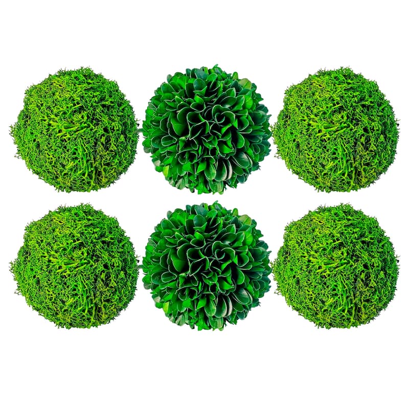 Handmade Natural & Preserved Topiary Green Balls, Decorative Bowl Filler Orbs, Botanical Accent Set Of 6 - 4 inch - Green